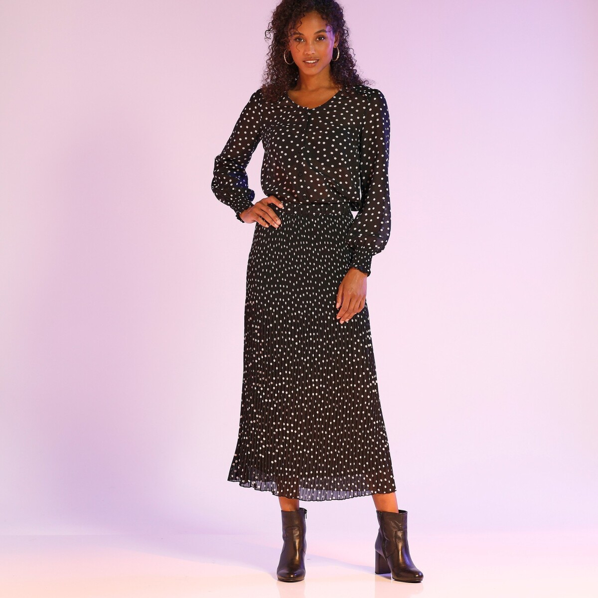 Voálová plisovaná sukňa s potlačou bodiek, recyklovaný polyester