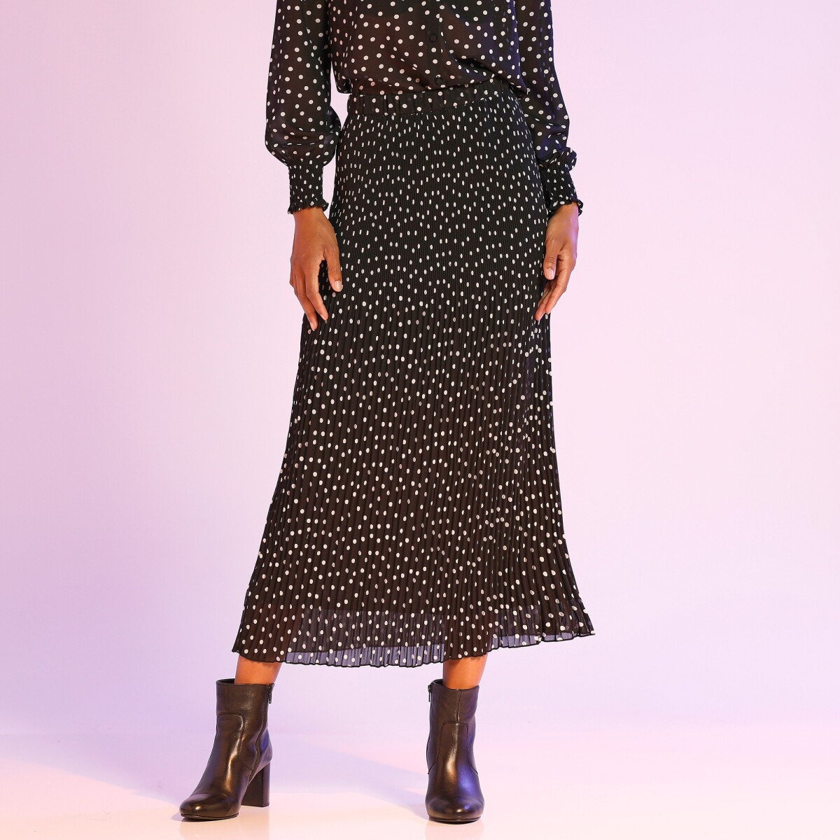 Levně Voálová plisovaná sukně s potiskem puntíků, recyklovaný polyester