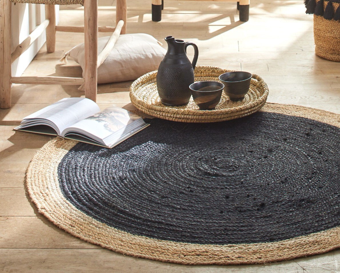 E-shop Dvojfarebný okrúhly jutový koberec, čierna a prírodná