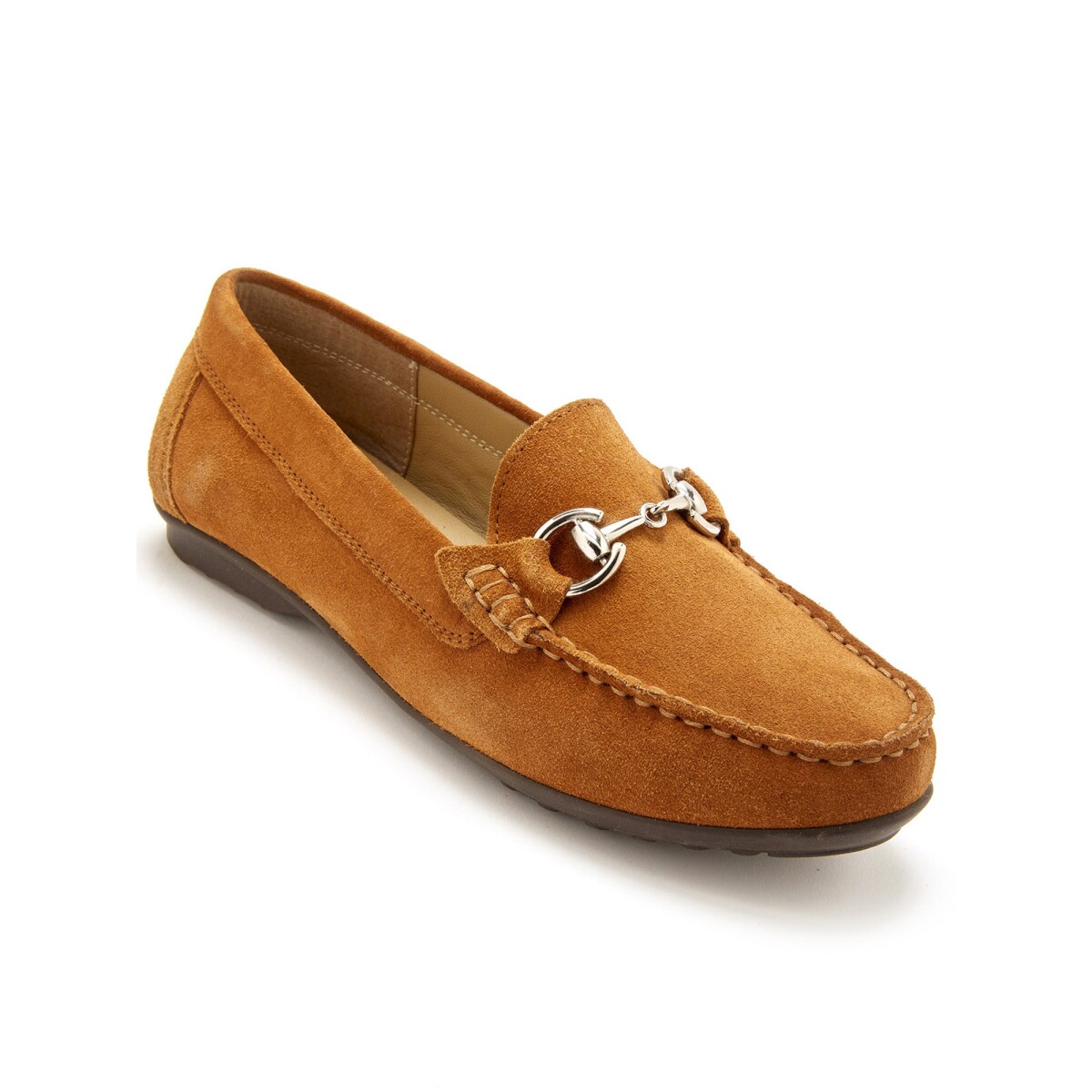 Široké mokasíny z velúrovej kože, bižutériové zdobenie, ťavia farba