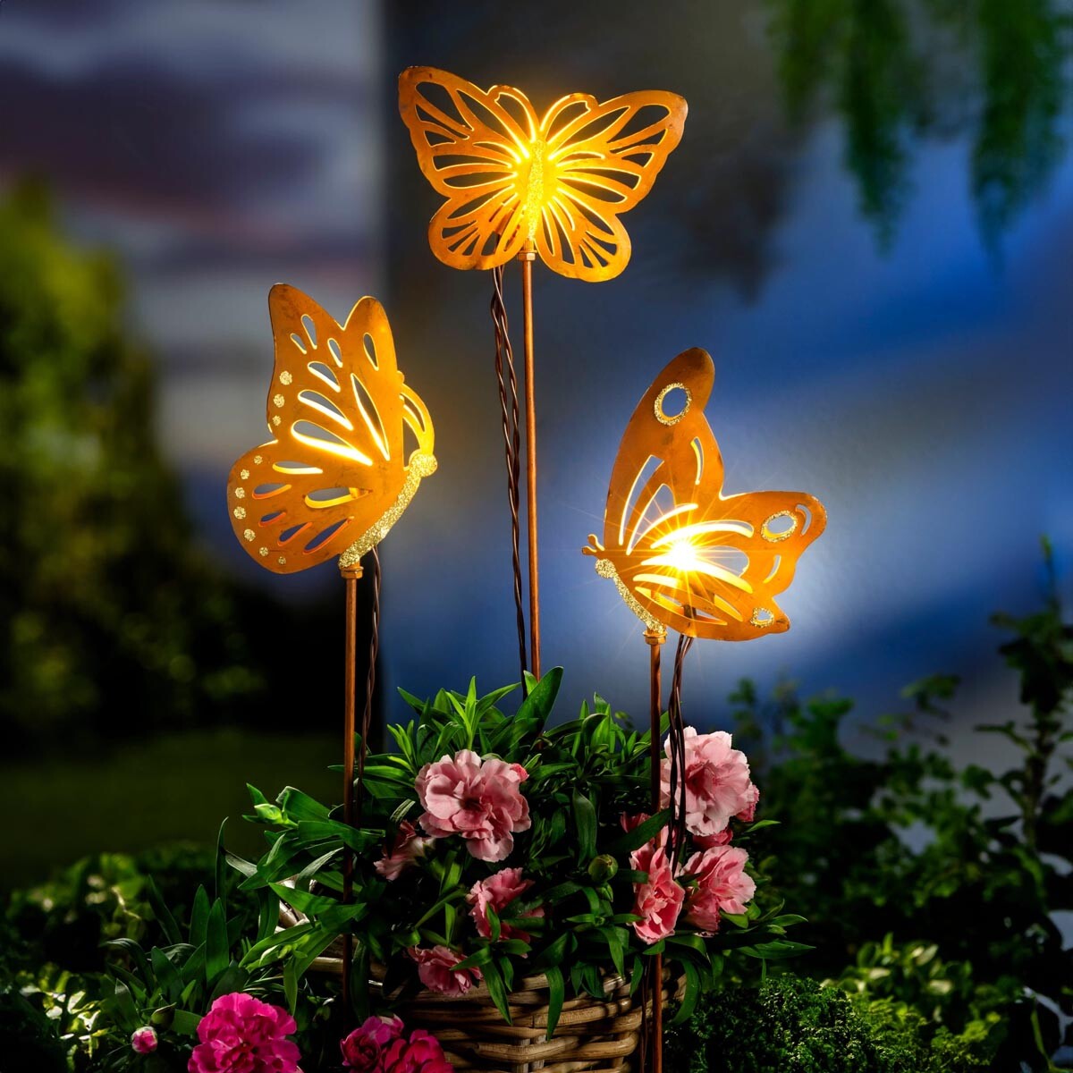 LED záhradné zápichy Zlatí motýle, súprava 3 ks