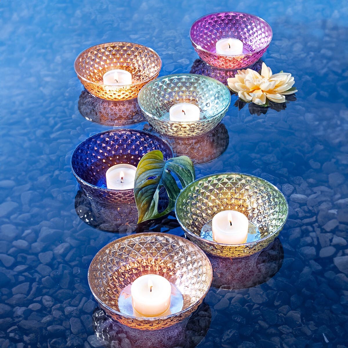 Levně Plovoucí skleněné misky Natare s čajovými svíčkami, sada 6 ks