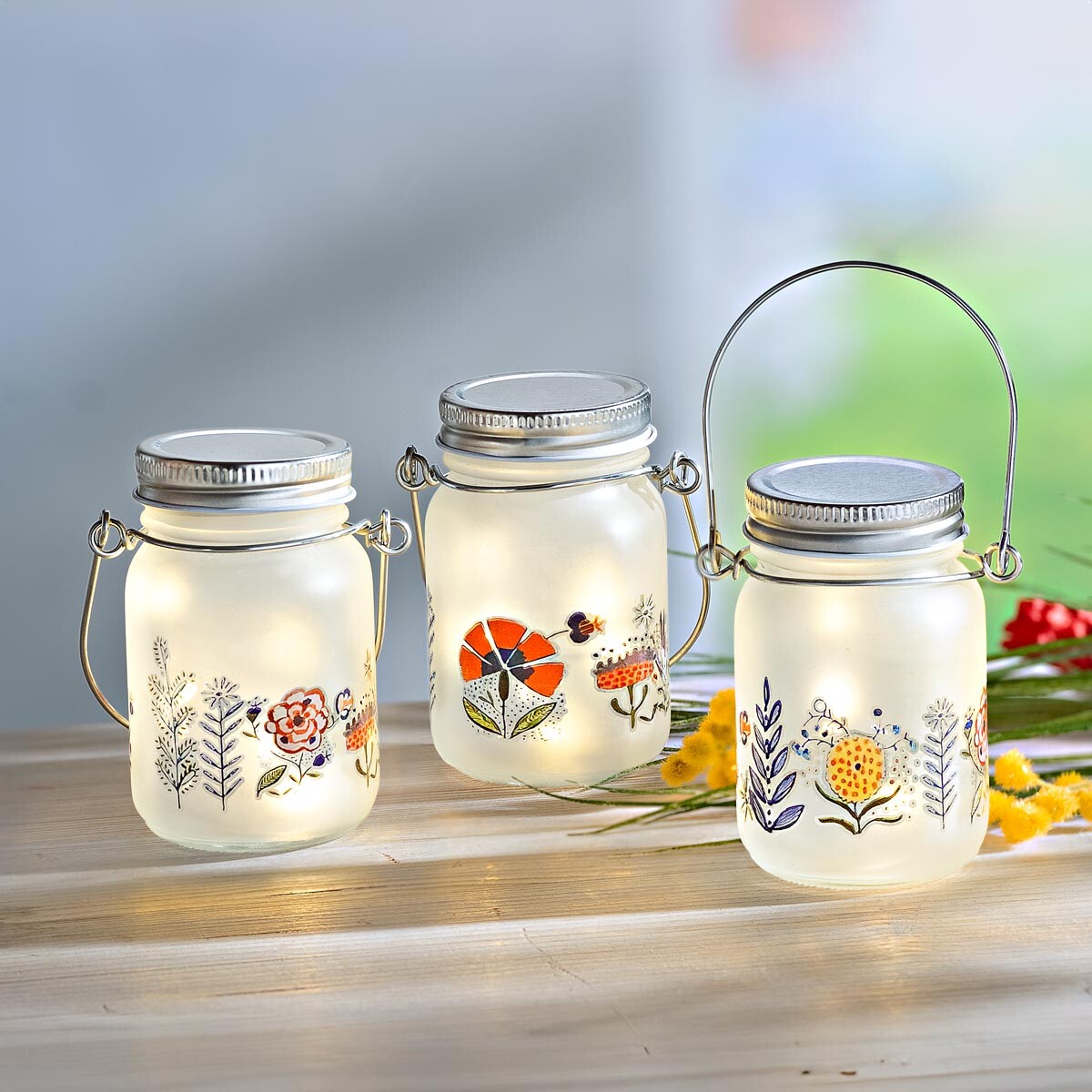 LED mini sklenený lampáš Lúčne kvety, sada 3 ks