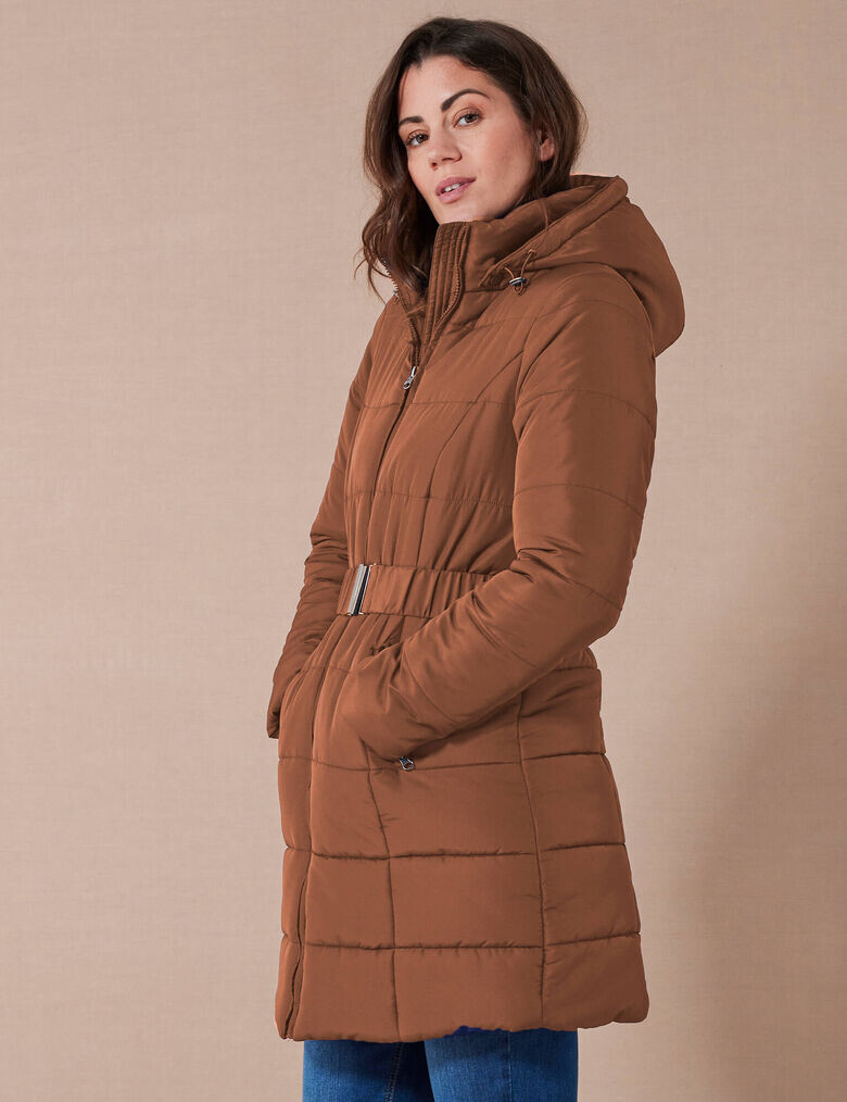 Dlhá nepremokavá prešívaná bunda s opaskom, na zips