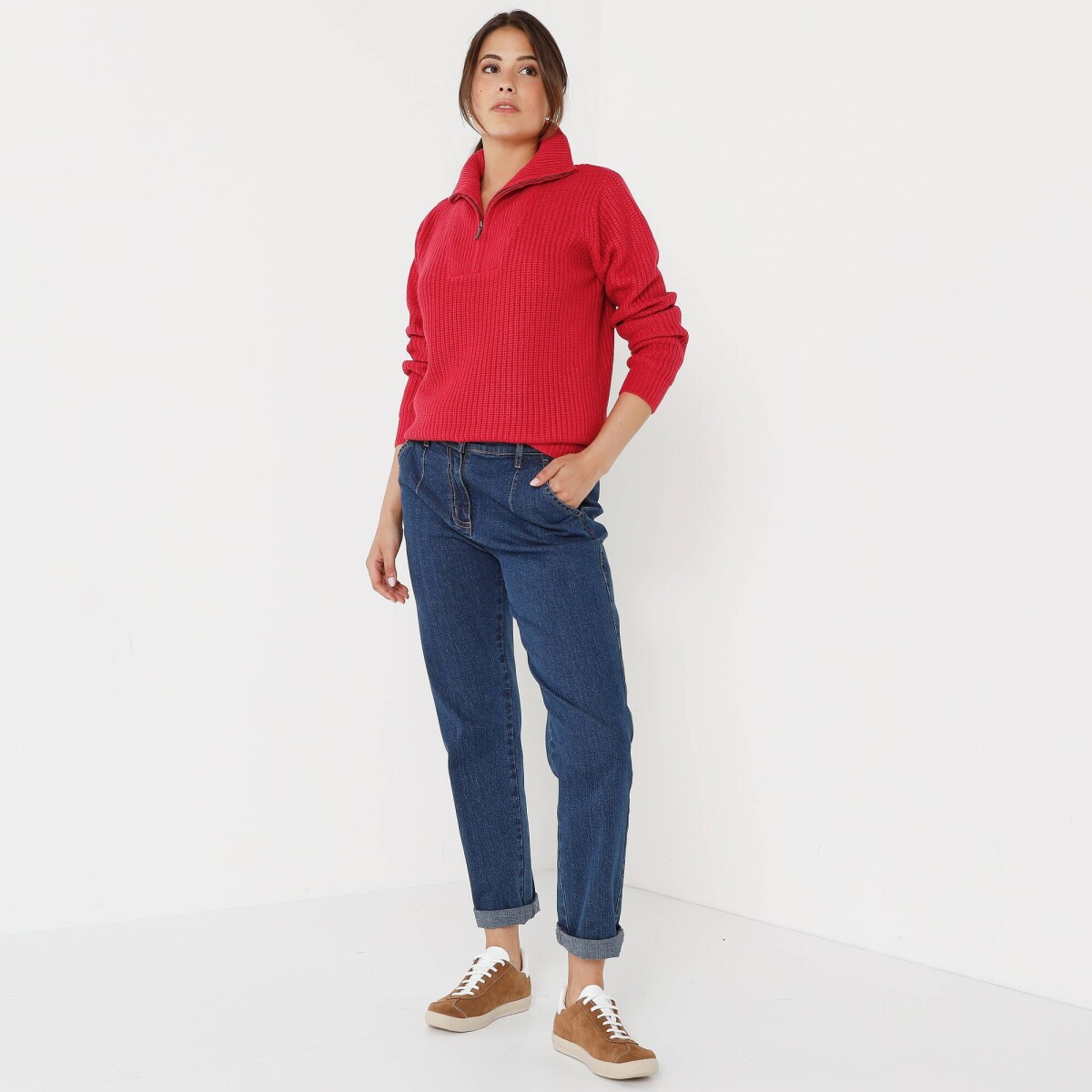 Pulover cu guler ridicat cu fermoar, model simplu tricotat