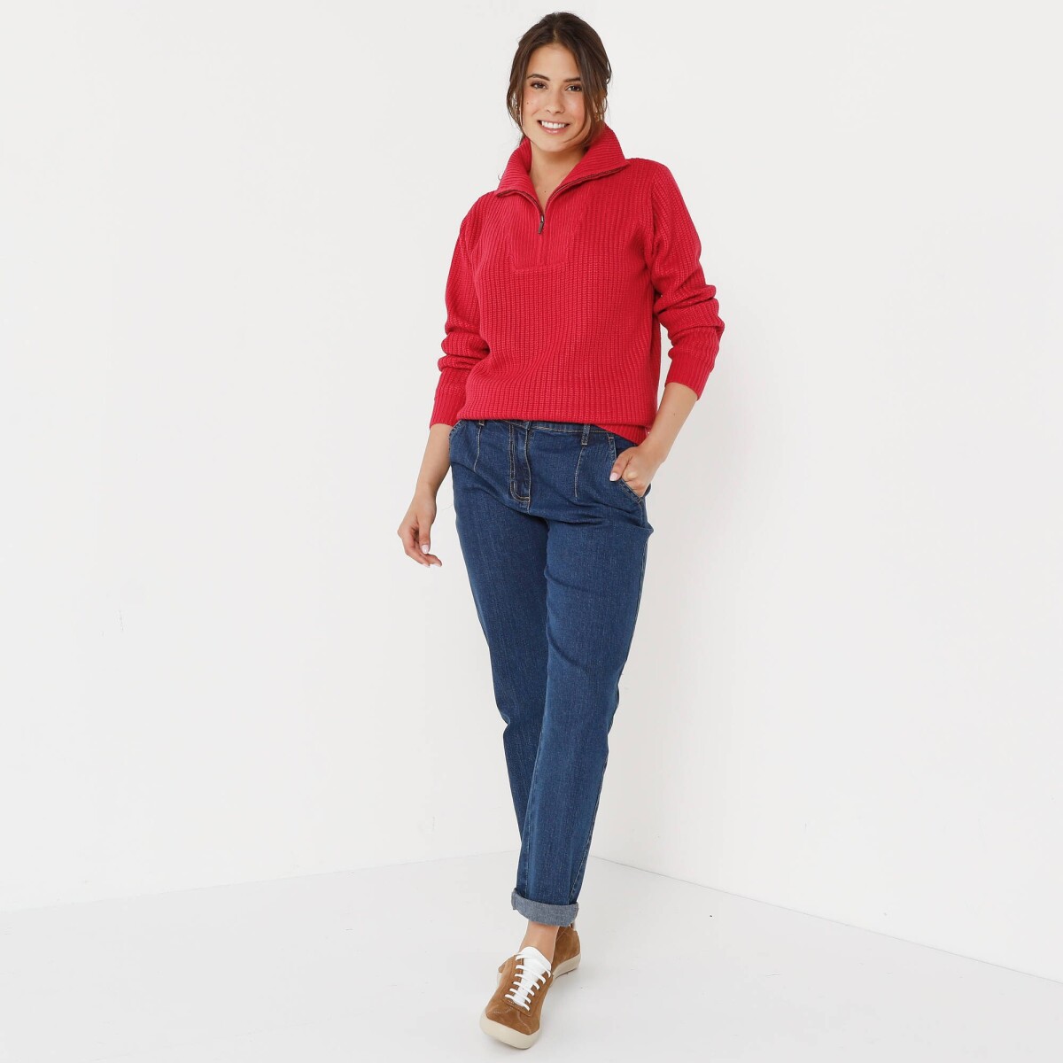 Pulover cu guler ridicat cu fermoar, model simplu tricotat