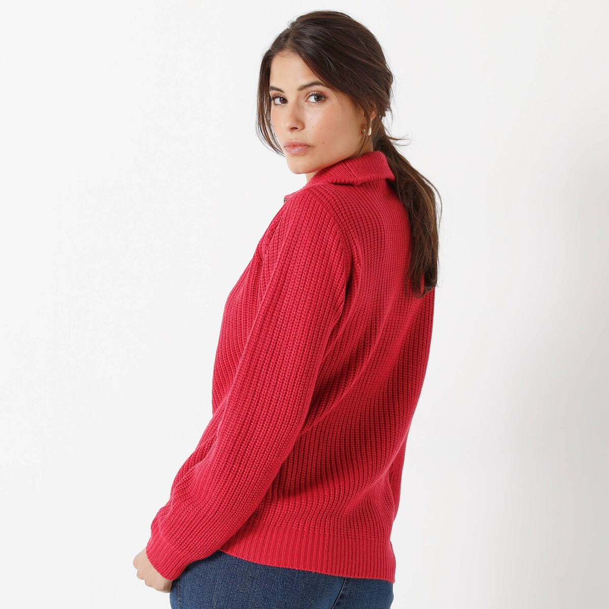 Pulover cu guler ridicat cu fermoar, model simplu tricotat