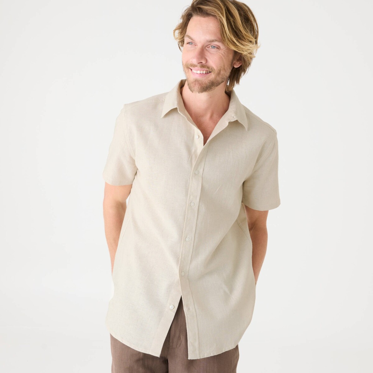 Košeľa zo zmesi bavlny a ľanu s krátkymi rukávmi