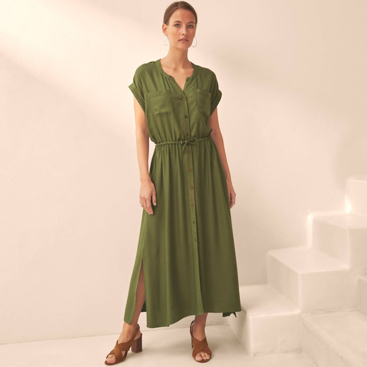 Košeľové midi šaty, jednofarebné