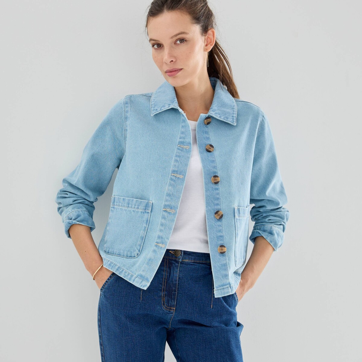 Džínsová rovná bunda na gombíky, vo worker štýle