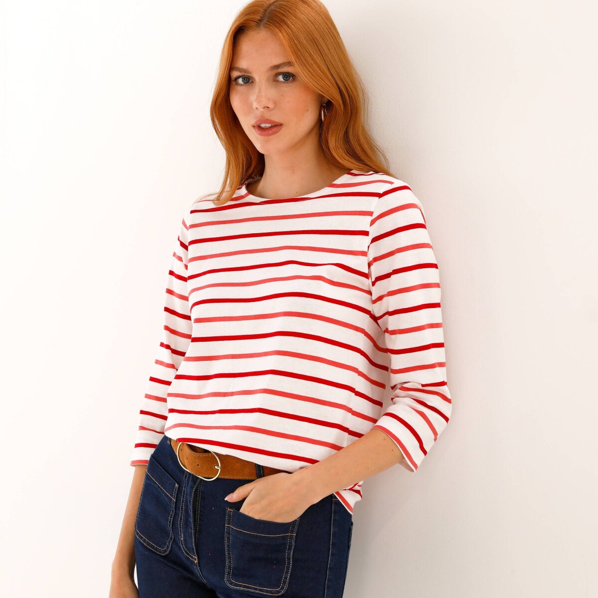 Prúžkované tričko s
		3/4 rukávmi