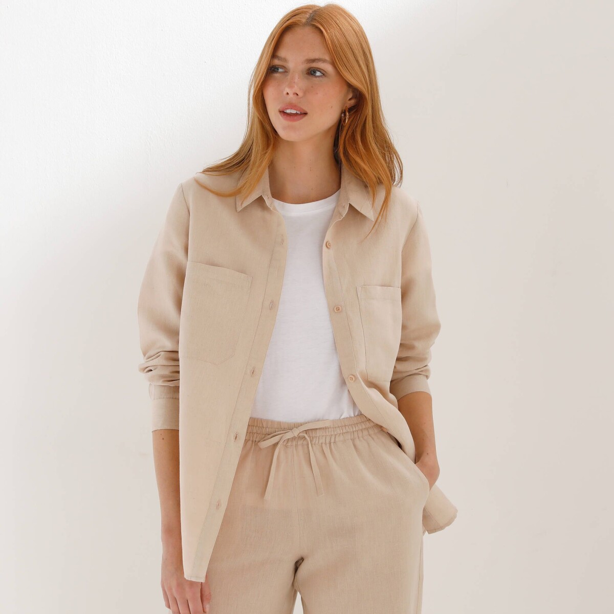 Dlhá košeľa zo zmesi bavlny a ľanu s vreckami