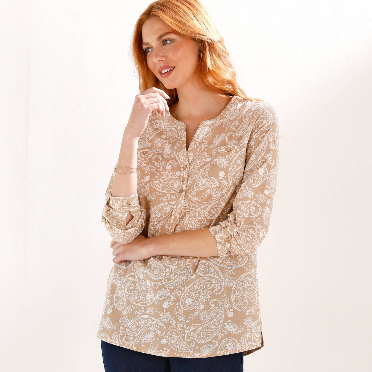 Tunika s výstrihom na gombíky a potlačou