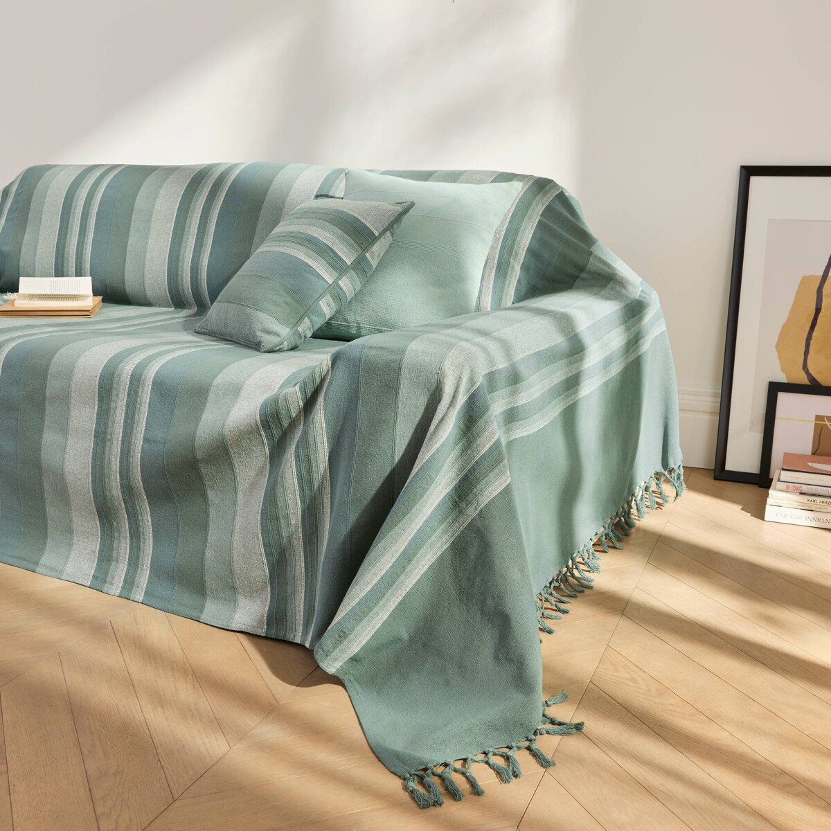 Pruhovaná ručne tkaná bavlnená prikrývka a obliečka na vankúš