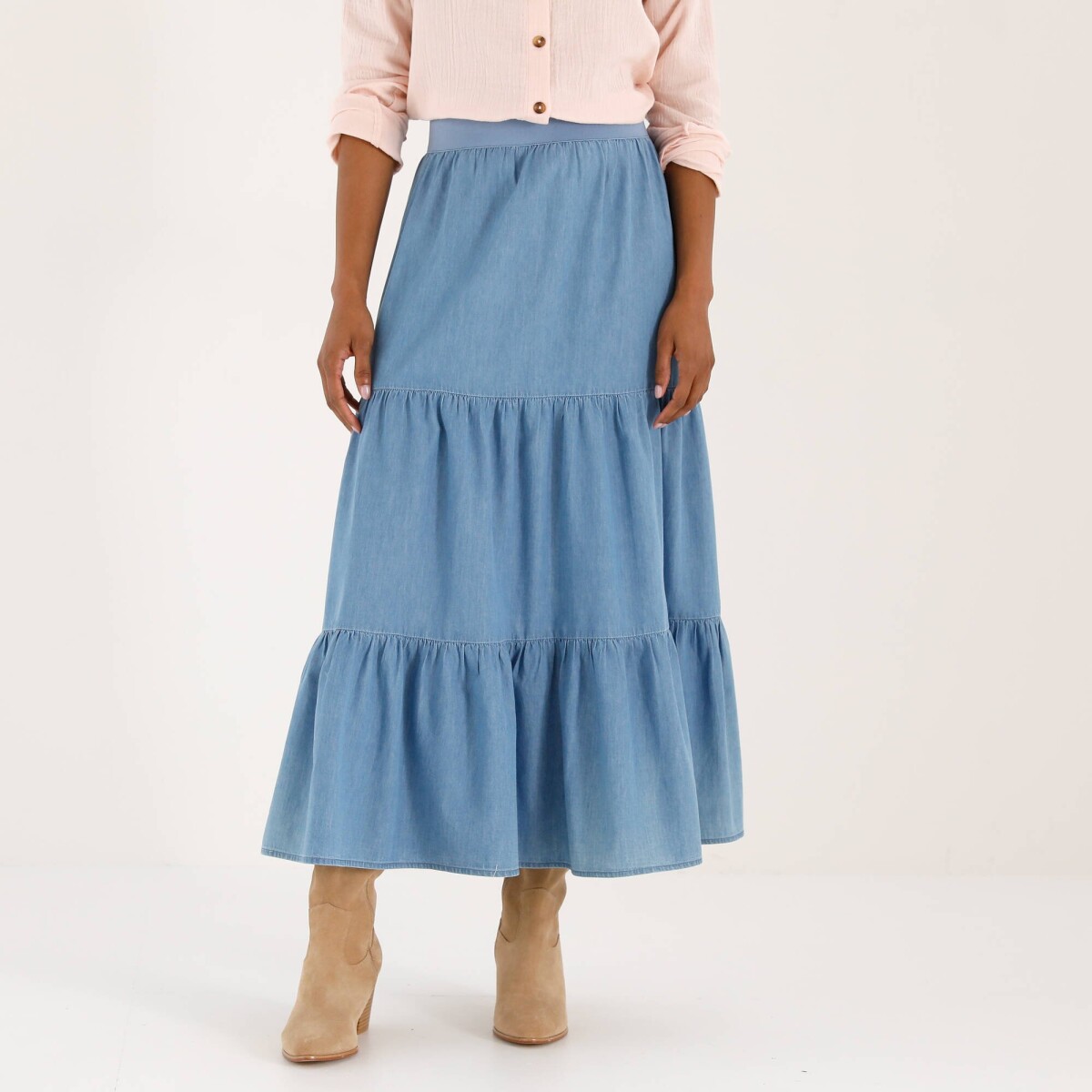 Dlhá volánová sukňa z tenkého denimu