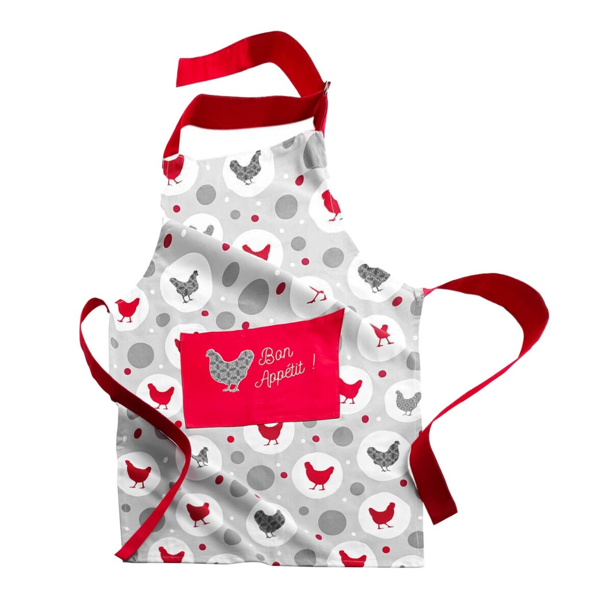 Kuchynská zástera s trakmi a potlačou sliepok a výšivkou Bon appétit!