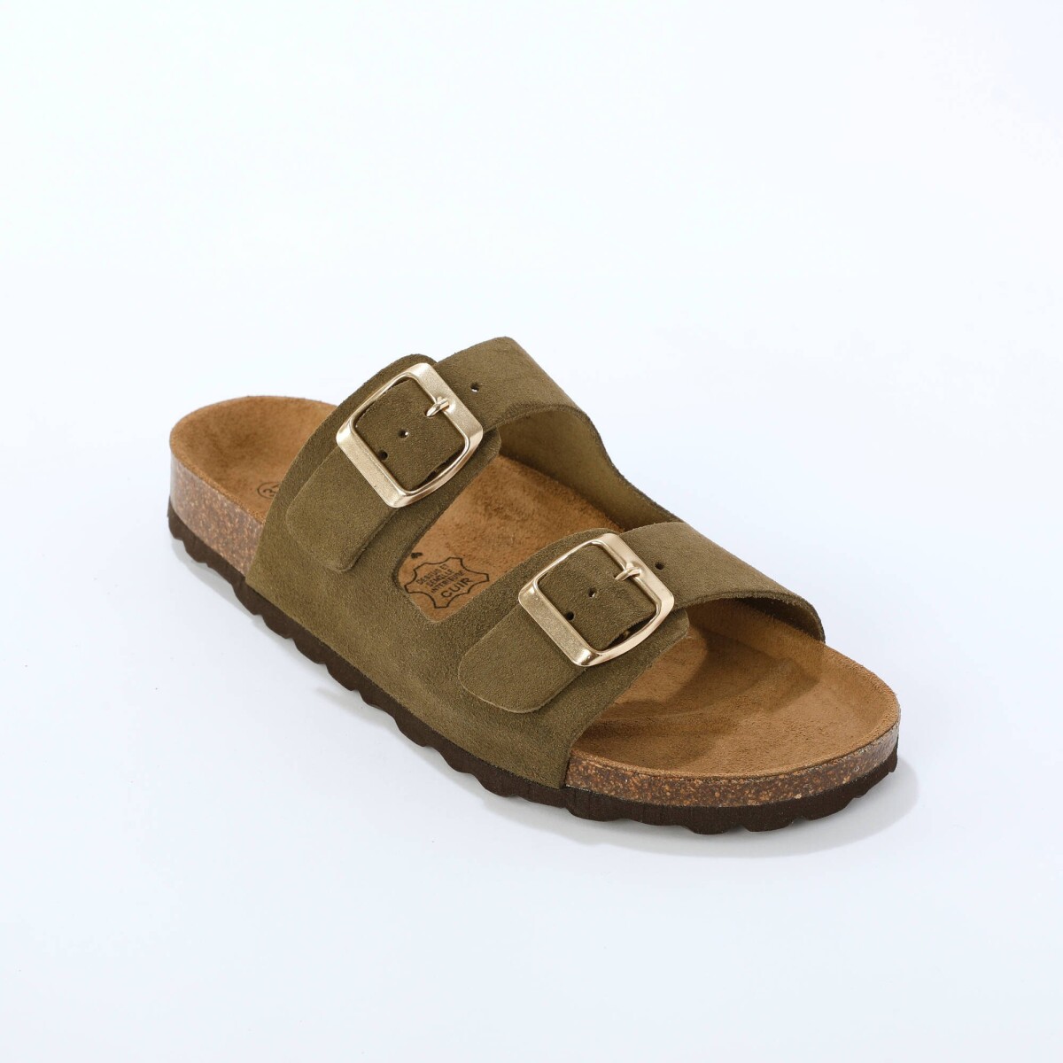 Kožené šľapkys korkovou podrážkou a otvorenou špičkou