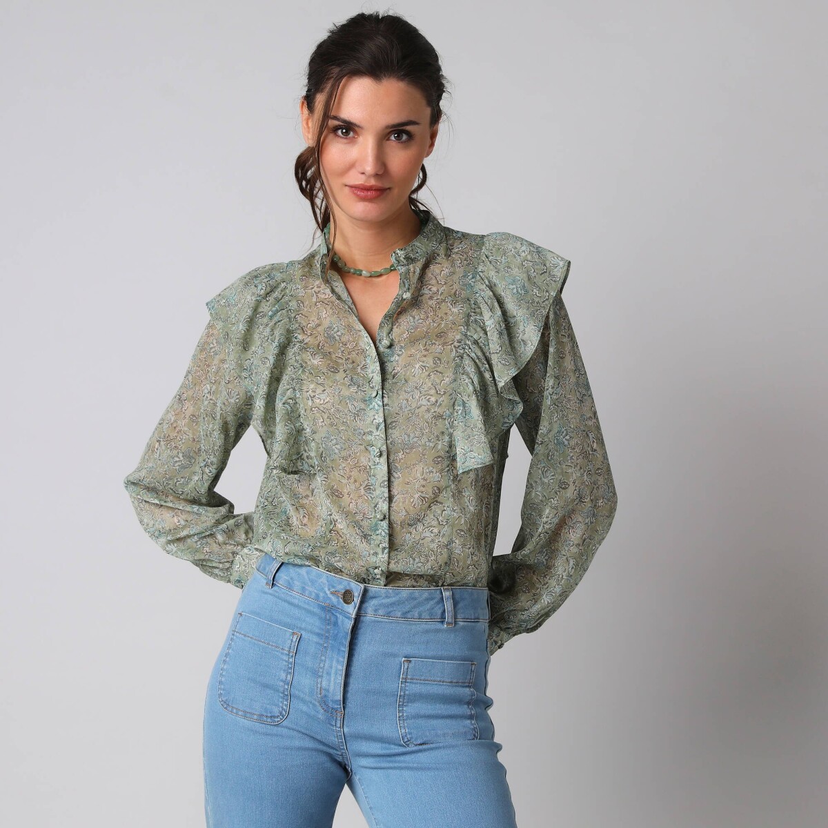 Košeľová volánová blúzka s potlačou