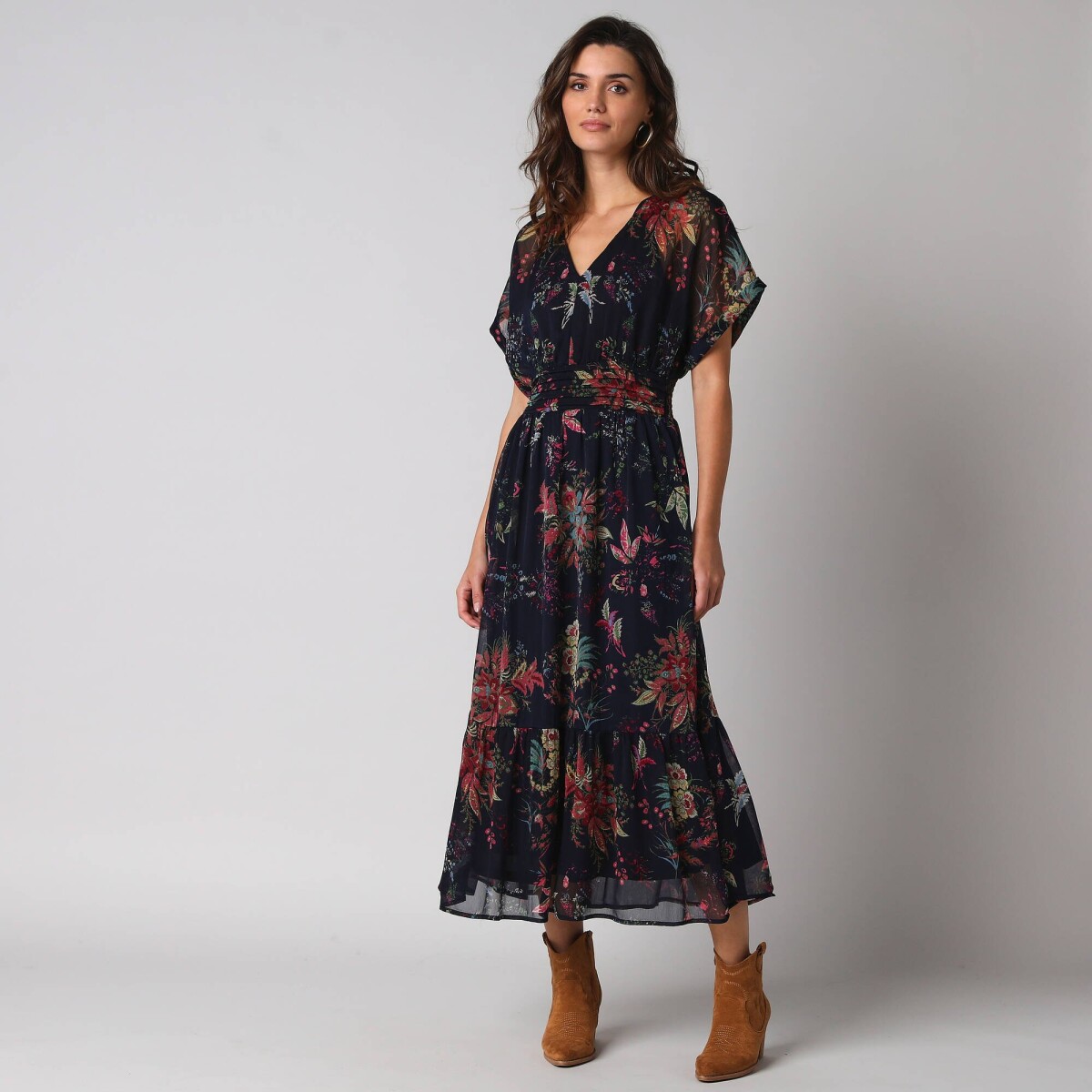 Dlhé šaty s výstrihom do "V" a potlačou kvetín