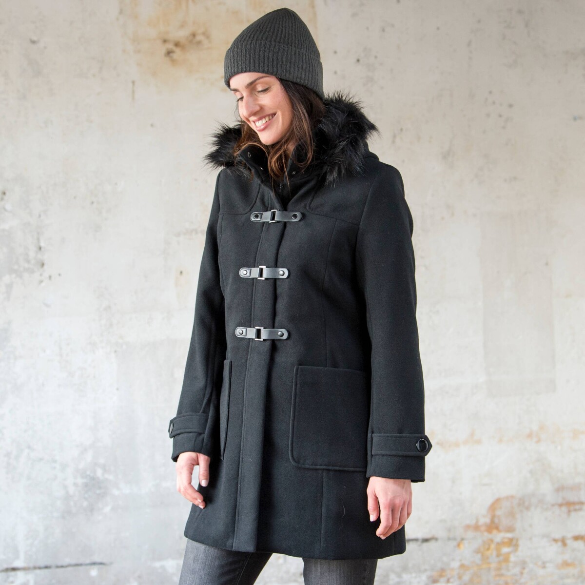 Jednofarebný kabát duffle-coat s kapucňou