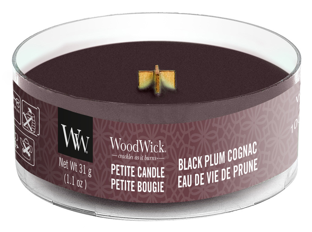 Woodwick sviečka petite Black Plum Cognac