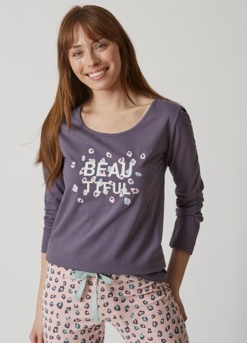 Pyžamové tričko s dlhými rukávmi a stredovou potlačou "Beautiful"