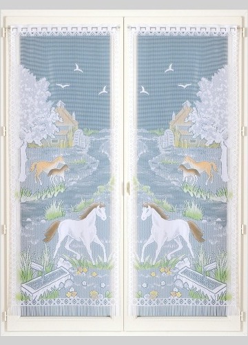 Rovná vitrážová záclona s motivem koňů, pro garnýžovou tyč, pár