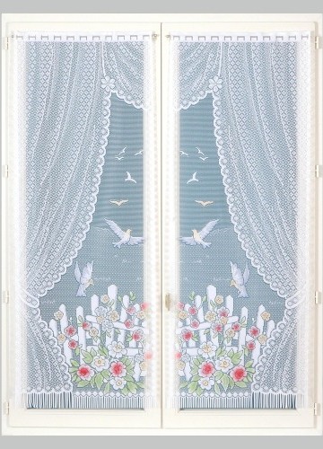 Rovná vitrážová záclona s motívom vtáčikov, pre garnižovú tyč, pár
