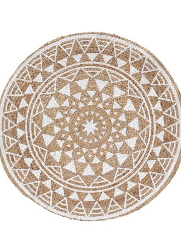 Kulatý jutový koberec s bílým potiskem