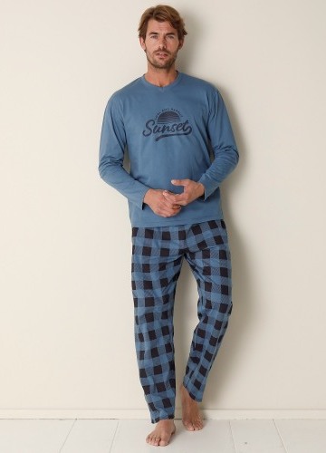 Kockované bavlnené pyžamo s dlhými rukávmi a nohavicami