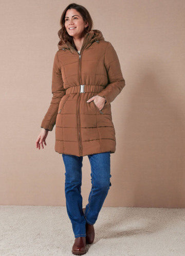 Dlhá nepremokavá prešívaná bunda s opaskom, na zips