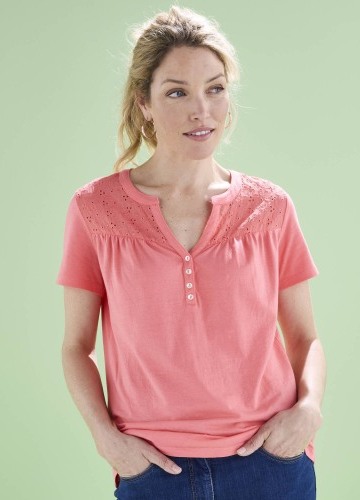 Tričko s výstřihem na knoflíčky, krátkými rukávy a madeirou