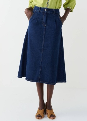 Rozšírená džínsová midi sukňa so skladmi