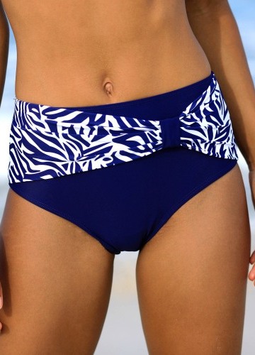 Plavkové jednobarevné kalhotky s vysokým pasem a nařasením s potiskem Zebra