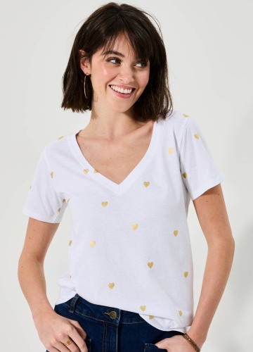Tričko s výstřihem do V, krátkými rukávy, celopotisk srdíčka
