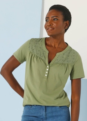 Tričko s výstřihem na knoflíčky, krátkými rukávy a madeirou