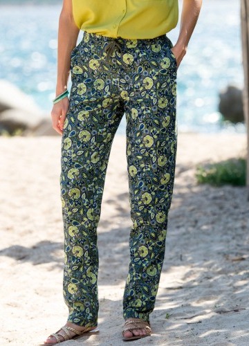 Úzké kalhoty s etno potiskem, bavlna-len