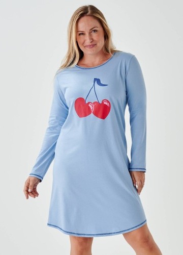 Krátká noční košile s potiskem třešní a dlouhými rukávy