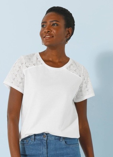 Tričko s kulatým výstřihem, krátkými rukávy a madeirou