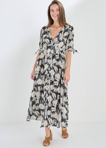 Dlhé rozšírené krepónové šaty na gombíky s potlačou