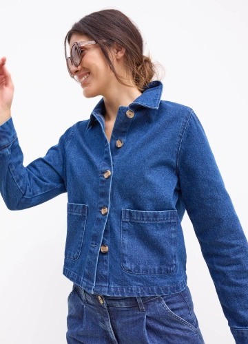 Džínsová rovná bunda na gombíky, vo worker štýle