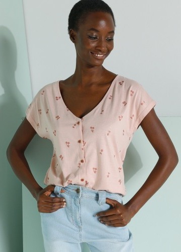 Tričko na knoflíčky s výstřihem do V, s potiskem třešní
