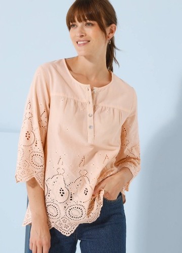 Madeirová halenka s kulatým výstřihem na knoflíčky a 3/4 rukávy