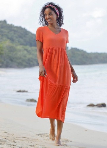 Kreponové jednobarevné midi šaty s výstřihem do V