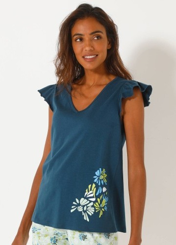 Pyžamové tričko s krátkými rukávy a středovým potiskem okvětních lístků