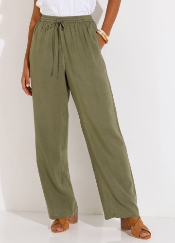 Jednobarevné široké splývavé kalhoty s pružným pasem, z viskózy