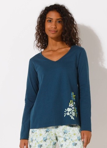 Pyžamové tričko s dlouhými rukávy a středovým potiskem okvětních lístků