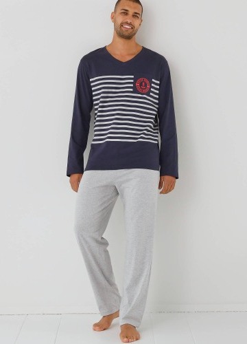 Pyžamo s kalhotami, výstřihem do V a potiskem pruhů