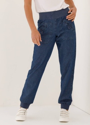 Dlouhé denimové kalhoty s pružnými lemy a pružným pasem