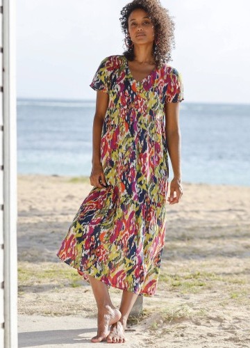 Kreponové midi šaty s výstřihem do V a vícebarevným potiskem